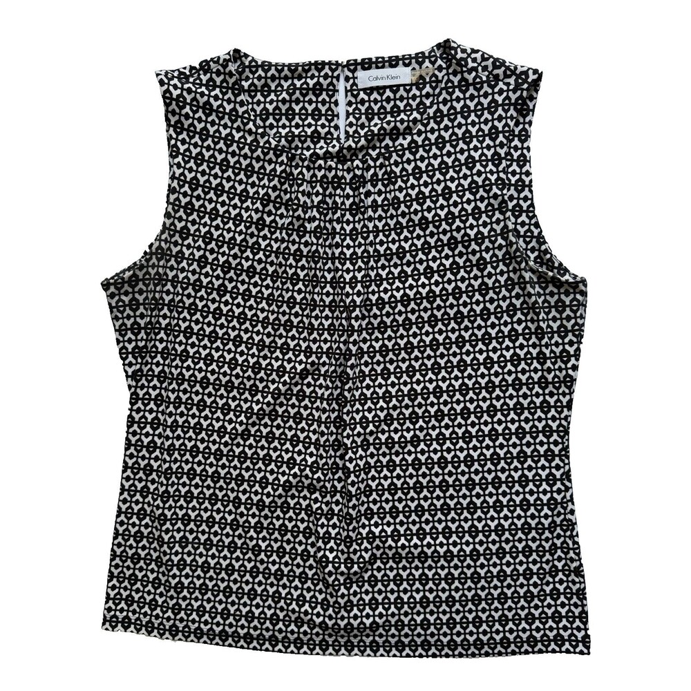 Calvin Klein Sleeveless Blouse Black White Geometric Pattern Office Size XL Top